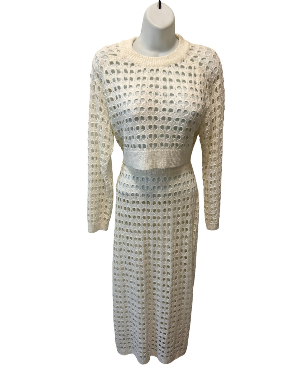 Boutique Crochet Knit Crop Top LS & Midi Pencil Skirt Ivory Open Weave Set Small